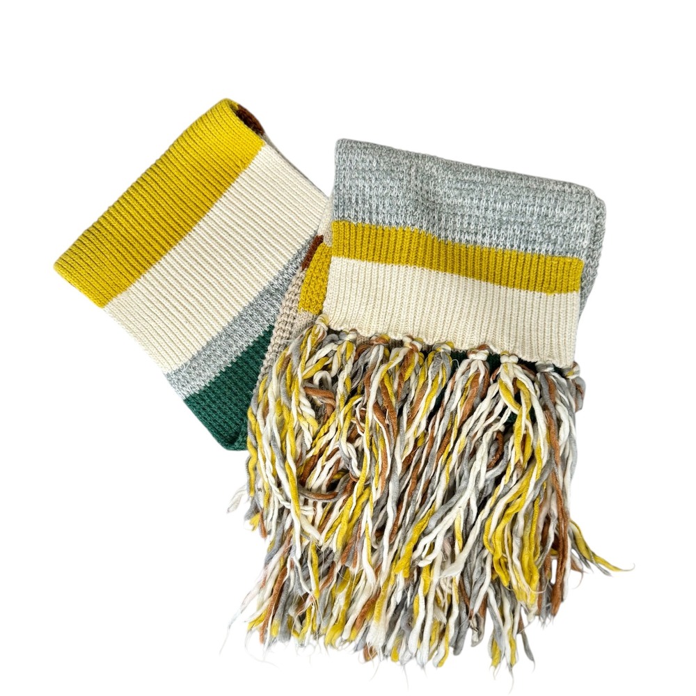 Pilcro Striped Knit Blanket Scarf Fringe Boho Chunky Green Cream‎ Brown